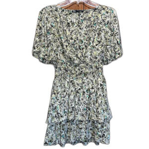 Zara XS Green Brown Dress Neutrals Fit and Flare Ditsy Vacation Tropical